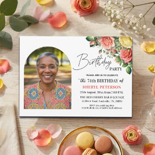 Elegant Floral with Photo 74th Birthday Party  Invitation