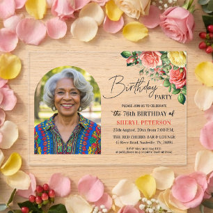 Elegant Floral with Photo 76th Birthday Party  Acrylic Invitations