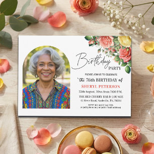 Elegant Floral with Photo 76th Birthday Party  Invitation