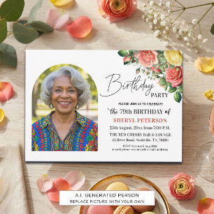 Elegant Floral with Photo 79th Birthday Party Invitation