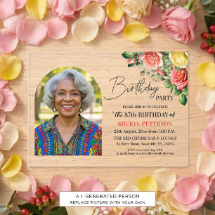 Elegant Floral with Photo 87th Birthday Party Acrylic Invitations