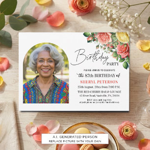Elegant Floral with Photo 87th Birthday Party Invitation
