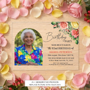 Elegant Floral with Photo 92nd Birthday Party Acrylic Invitations