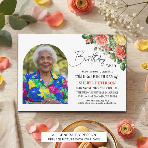 Elegant Floral with Photo 93rd Birthday Party Invitation