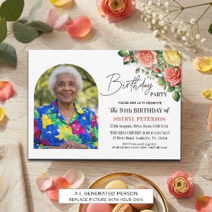 Elegant Floral with Photo 94th Birthday Party Invitation