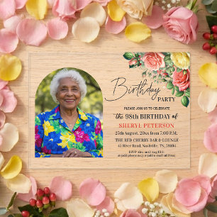 Elegant Floral with Photo 98th Birthday Party  Acrylic Invitations