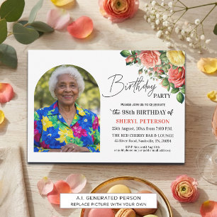 Elegant Floral with Photo 98th Birthday Party Invitation