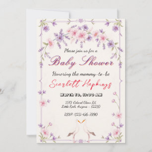 Elegant Floral with Stork Baby Shower Invitation