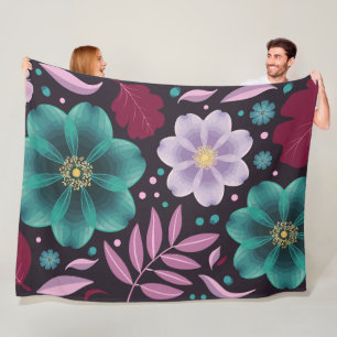 Elegant Floral with Teal and Purple Blossoms Fleece Blanket