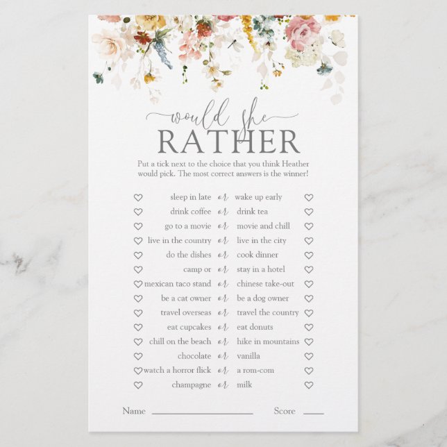 Elegant Floral Would She Rather Bridal Shower Game (Front)