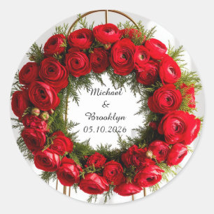 Elegant Floral Wreath Adorned with Red Roses Classic Round Sticker