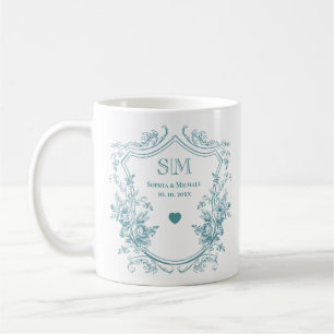 Elegant Floral Wreath and Shield Wedding Monogram Coffee Mug