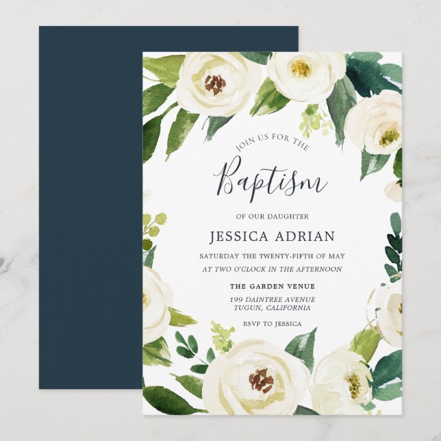 Elegant Floral Wreath Baptism Christening Invite (Front/Back)