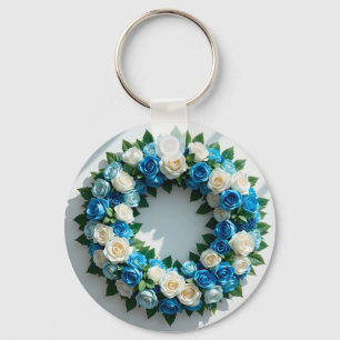 Elegant Floral Wreath Blue and White Roses Key Ring