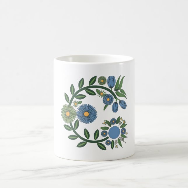 Elegant Floral Wreath | Blue & Green Botanical Des Coffee Mug (Center)