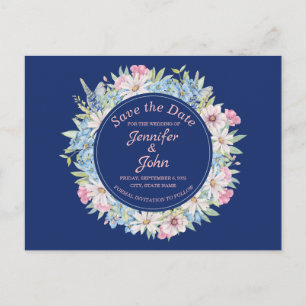 Elegant Floral Wreath Blue Wedding Save the Date Announcement Postcard