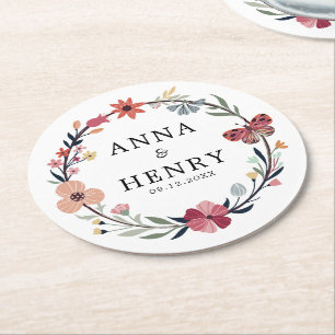 Elegant Floral Wreath Butterfly Wedding Round Paper Coaster