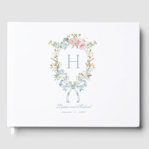 Elegant Floral Wreath Crest Monogram Wedding Guest Book