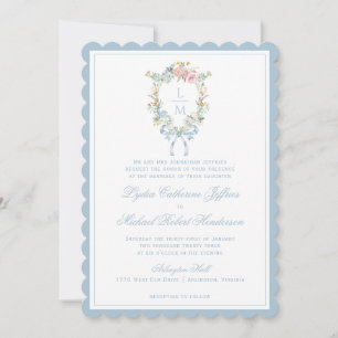 Elegant Floral Wreath Crest Monogram Wedding Invitation