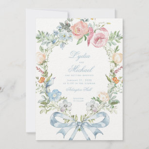 Elegant Floral Wreath Crest Monogram Wedding Invitation