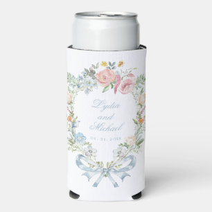 Elegant Floral Wreath Crest Monogram Wedding Seltzer Can Cooler