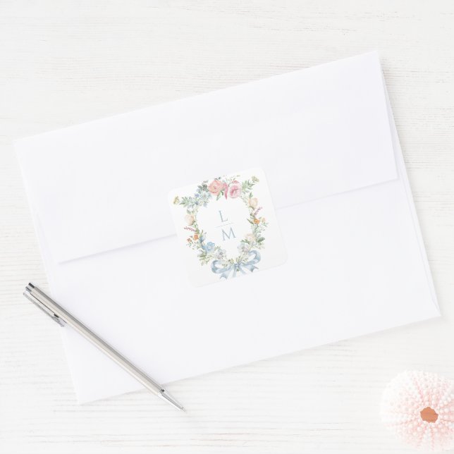 Elegant Floral Wreath Crest | Monogram Wedding Square Sticker (Envelope)