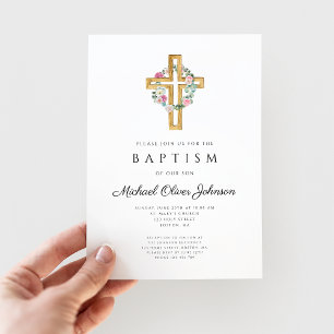 Elegant Floral Wreath Cross Baptism Invitation