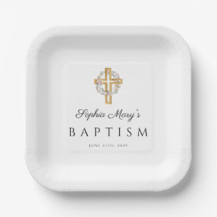 Elegant Floral Wreath Cross Baptism Paper Plate