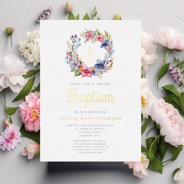 Elegant Floral Wreath Cross Girl Baptism Gold (Elegant Floral Wreath Cross Girl Baptism Gold Foil Invitation)