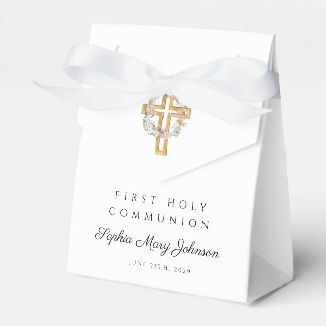 Elegant Floral Wreath Cross Girl First Communion Favour Box (Front Side)