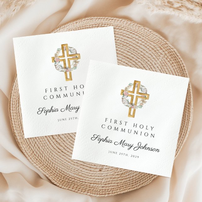 Elegant Floral Wreath Cross Girl First Communion Napkin (Elegant Floral Wreath Cross Girl First Communion Napkins)