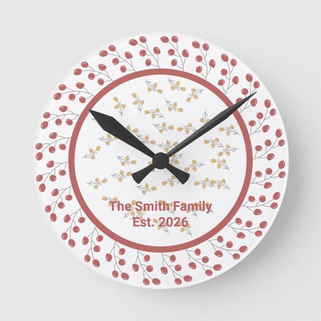Elegant Floral Wreath Custom Monogram Round Clock (Front)