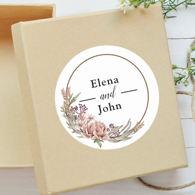 Elegant Floral Wreath Custom Wedding Classic Round Sticker (Creator Uploaded)