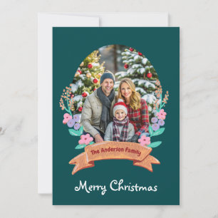elegant Floral Wreath dark green photo Christmas Holiday Card