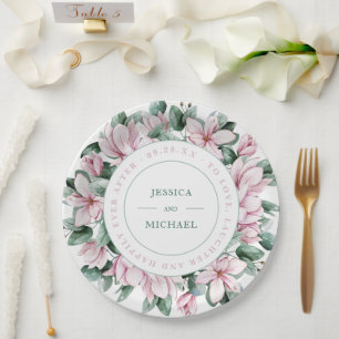 Elegant Floral Wreath Dusty Pink Magnolia Wedding Paper Plate