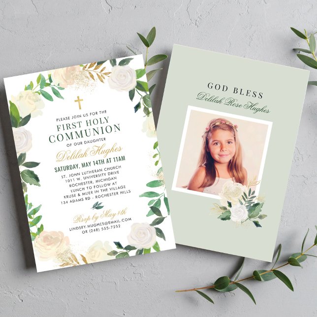 Elegant Floral Wreath First Communion Green Gold Invitation (Creator Uploaded)