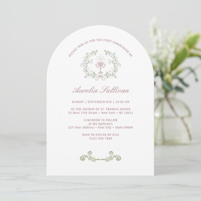 Elegant Floral Wreath First Communion Invitation (Standing Front)