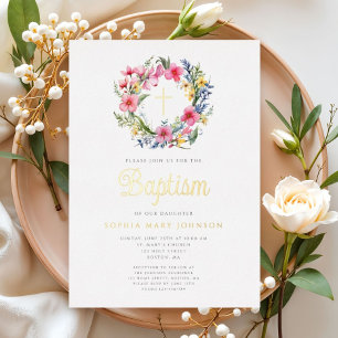 Elegant Floral Wreath Girl Baptism Gold