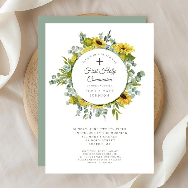 Elegant Floral Wreath Girl First Communion  Invitation (Elegant Floral Wreath Girl First Communion Invitation)