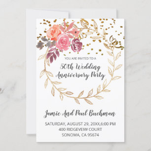 Elegant Floral Wreath Glitter Wedding Anniversary Invitation