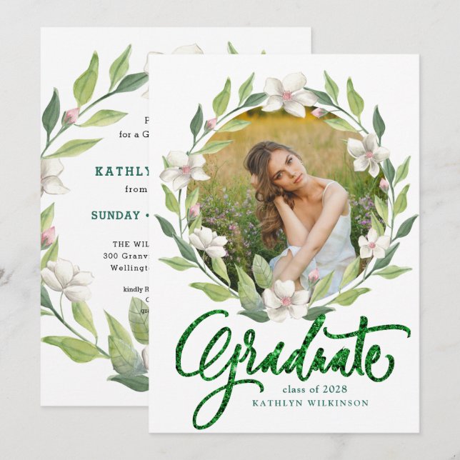Elegant Floral Wreath Greenery Modern Graduation Invitation (Front/Back)