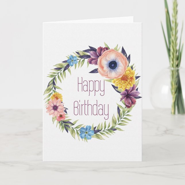Elegant Floral Wreath Happy Birthday Card (Front)