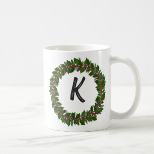 Elegant  Floral Wreath Monogram Initial Christmas  Coffee Mug