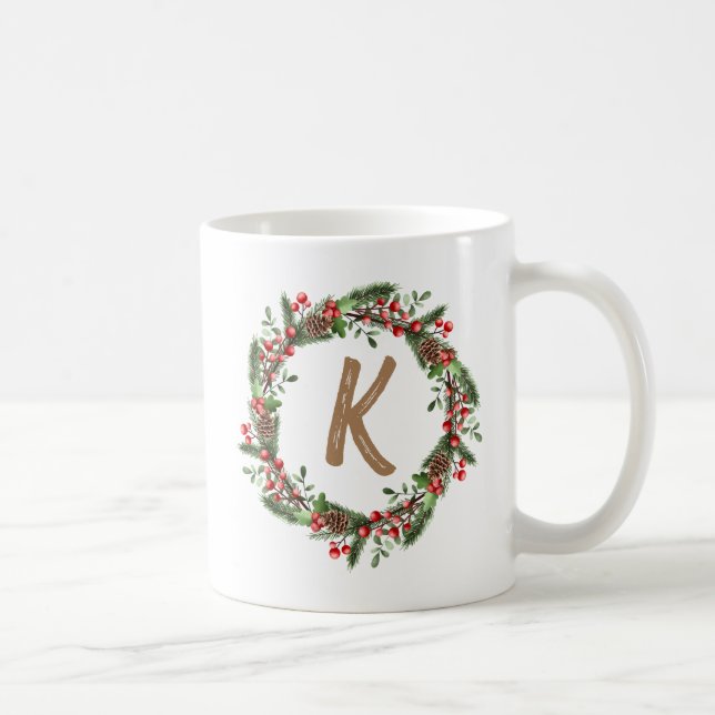 Elegant  Floral Wreath Monogram Initial Christmas  Coffee Mug (Right)