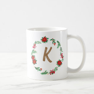 Elegant  Floral Wreath Monogram Initial Christmas  Coffee Mug