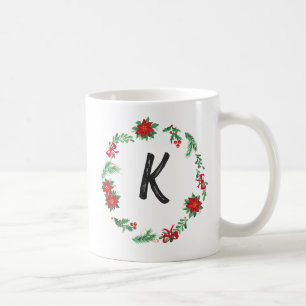 Elegant Floral Wreath Monogram Initial Christmas Coffee Mug