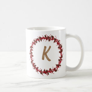 Elegant Floral Wreath Monogram Initial Christmas Coffee Mug