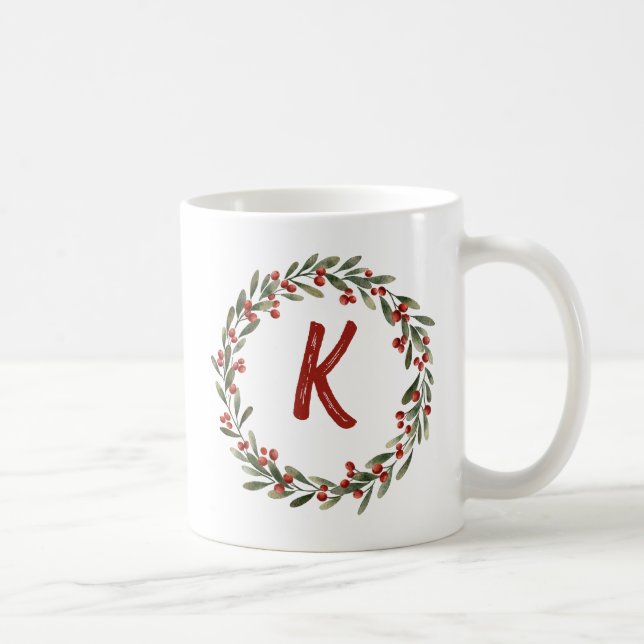 Elegant  Floral Wreath Monogram Initial Christmas  Coffee Mug (Right)