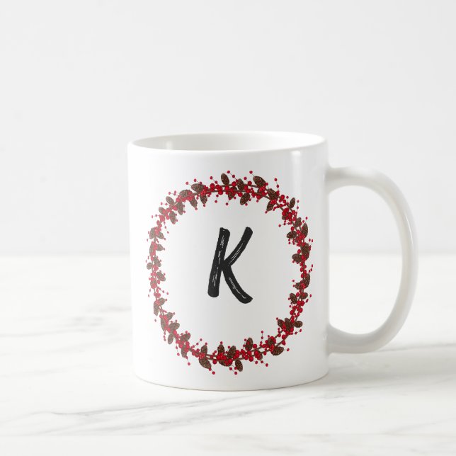 Elegant  Floral Wreath Monogram Initial Christmas  Coffee Mug (Right)