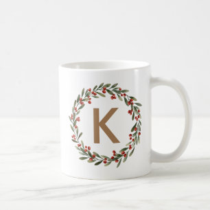 Elegant  Floral Wreath Monogram Initial Christmas  Coffee Mug